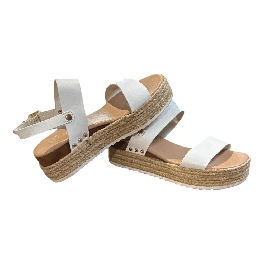 Xappeal Amelia Platform Sandals Womens‎ 7 White Espadrille Studded Buckle Strap